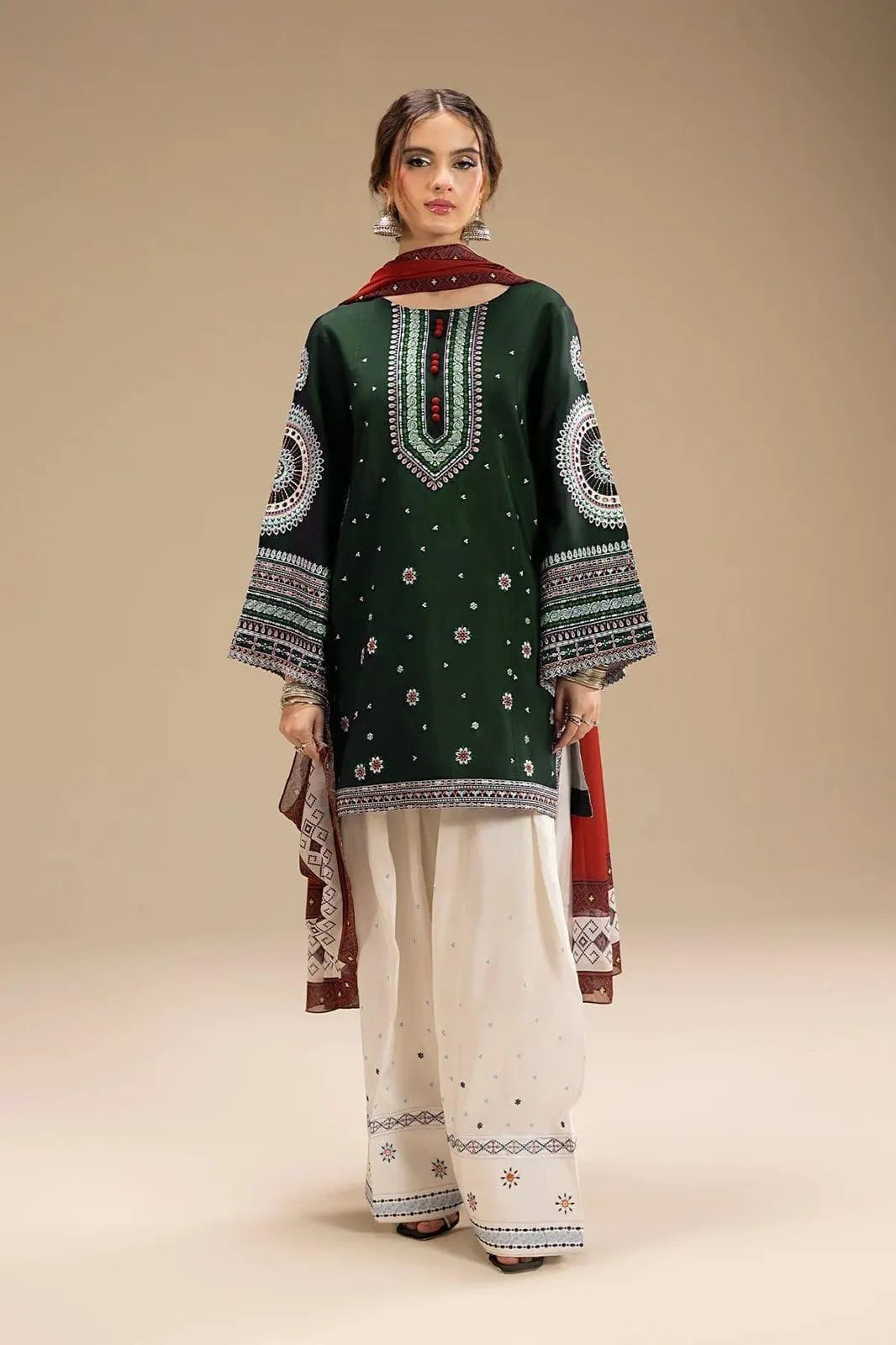 Green Embroidered 3-Piece Dhanak Suit for Women