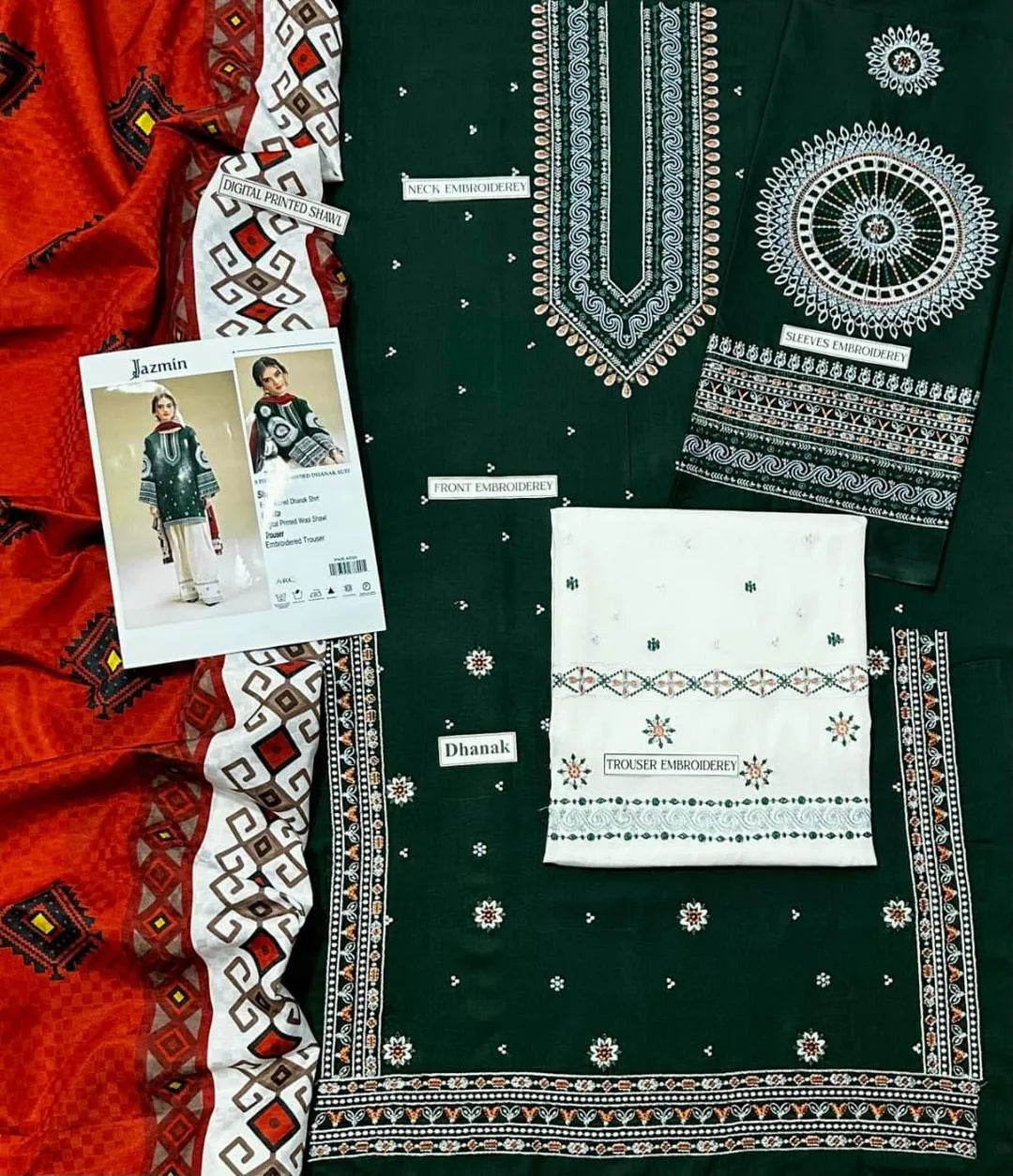 Green Embroidered 3-Piece Dhanak Suit for Women