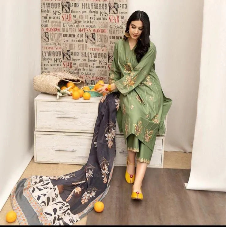 Green Embroidered 3-Piece Lawn Suit with Digital Print Dupatta