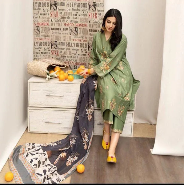 Green Embroidered 3-Piece Lawn Suit with Digital Print Dupatta