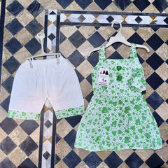 2 Pcs Girl's Cotton Lawn Printed Frock And Trouser Set