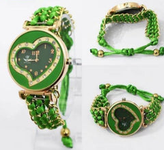 Green Braided Women's Watch with Rose Gold Heart Dial