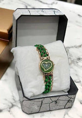 Green Braided Women's Watch with Rose Gold Heart Dial