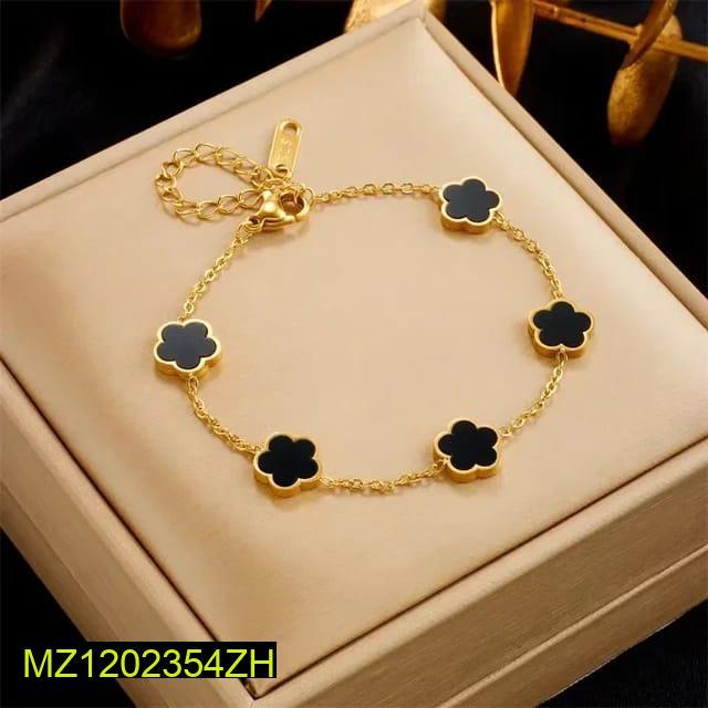 Stainless Steel Clover Bracelet Black Stone Adjustable