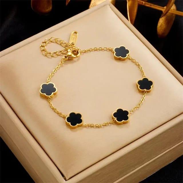 Stainless Steel Clover Bracelet Black Stone Adjustable