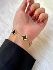 Stainless Steel Clover Bracelet Black Stone Adjustable