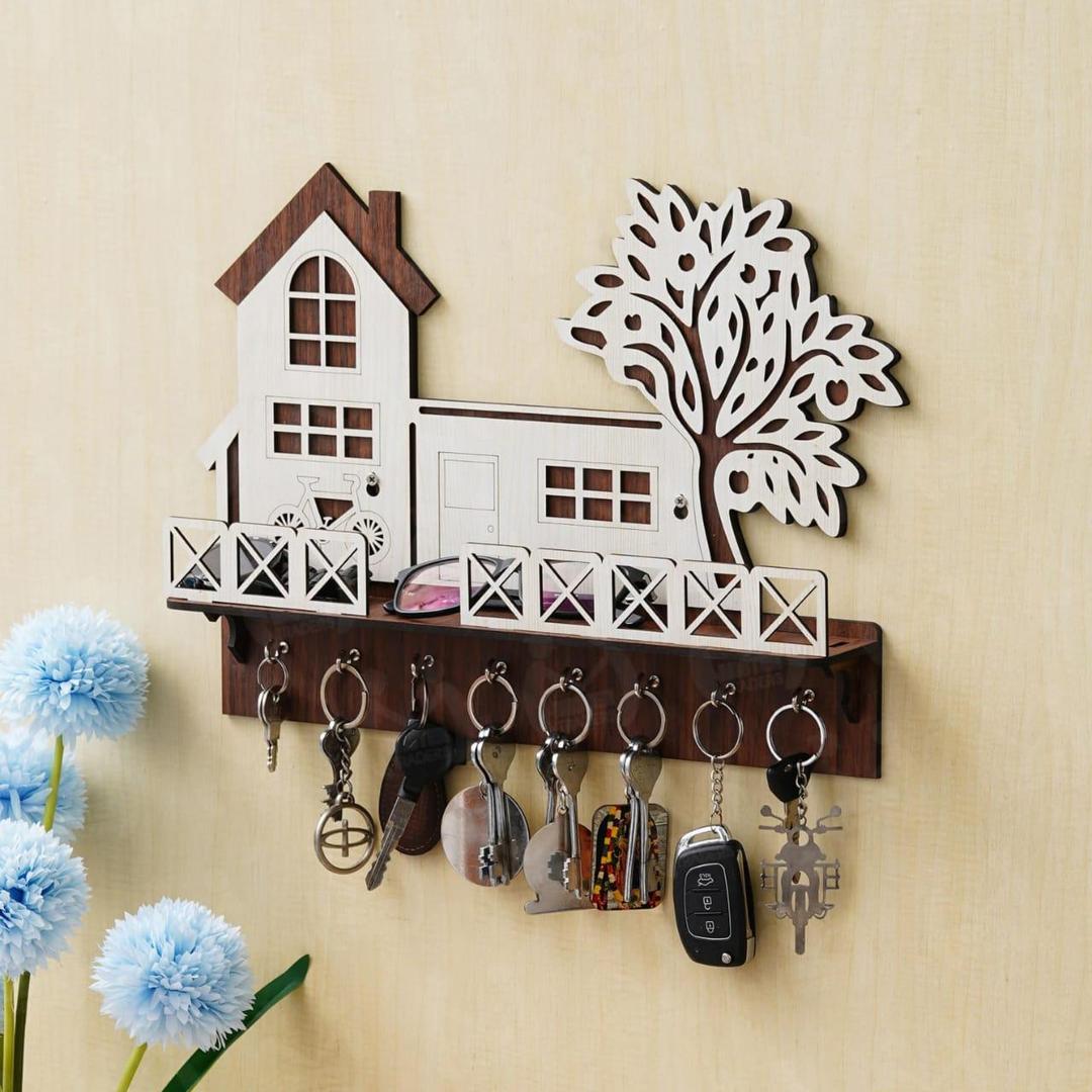 Tree & House Key & Phone Wall Holder Dark Wood