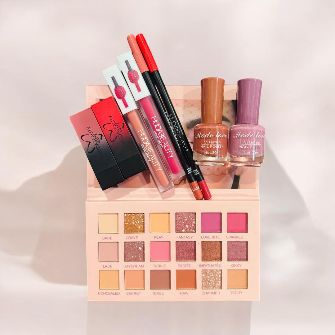 9-in-1 Makeup Set for Pakistani Women, 16 Shades Eyeshadow, 2 Lip Glosses, 2 Lipsticks, 2 Lip Pencils, 2 Peel-off Nail Polishes