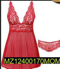 Red Net Nighty with Lace Trim for Women