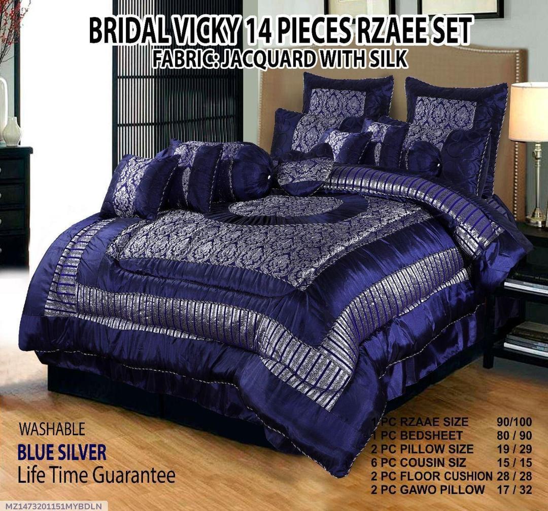 Silk Jacquard Bridal Set Blue Silver 14 Pcs Double Bed