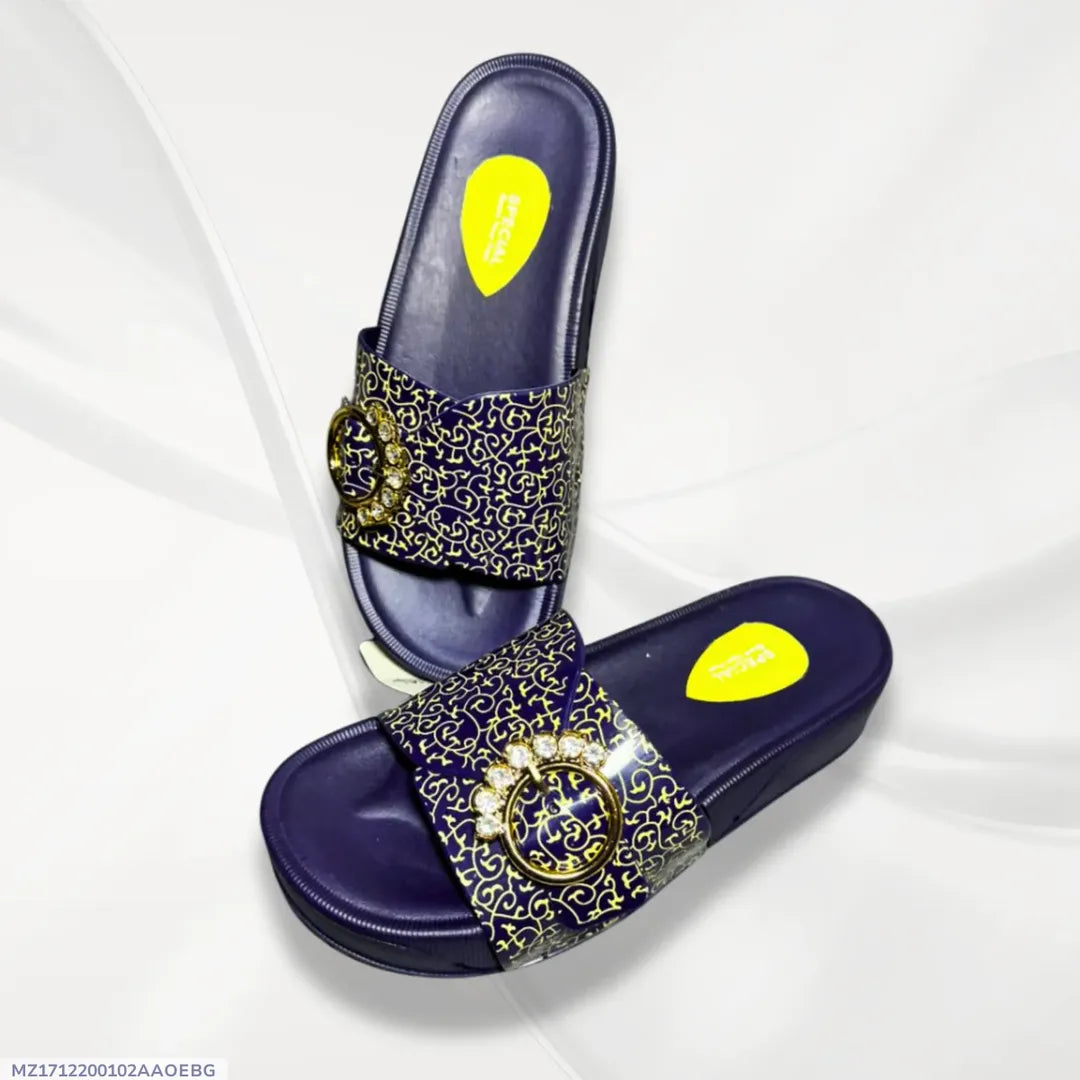 Women's Blue Glitter Rexine Slides with Gold Embroidery