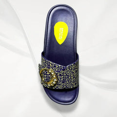 Women's Blue Glitter Rexine Slides with Gold Embroidery