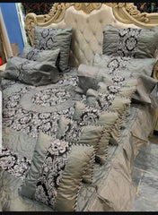 Grey Silk Jacquard Razai Bed Set King Size 14 Pcs