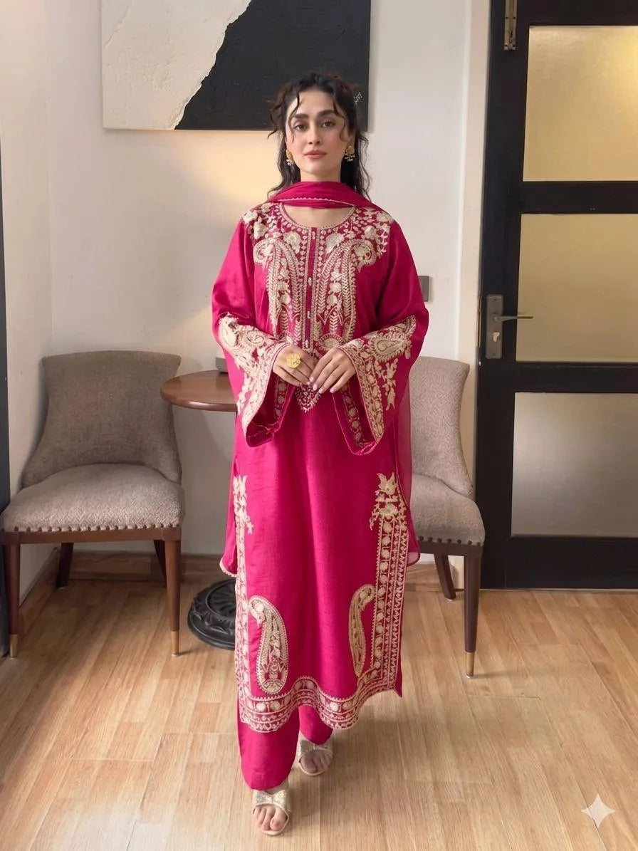 Pink Embroidered Kurta Pajama Set for Women