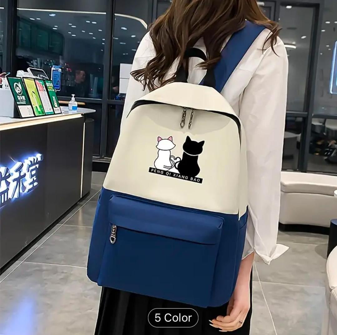 Cute Cat Print 4-in-1 School Bag Set for Girls – Backpack, Handbag, Crossbody Pouch, Pencil Case & Lunch Bag Stylish Combo black