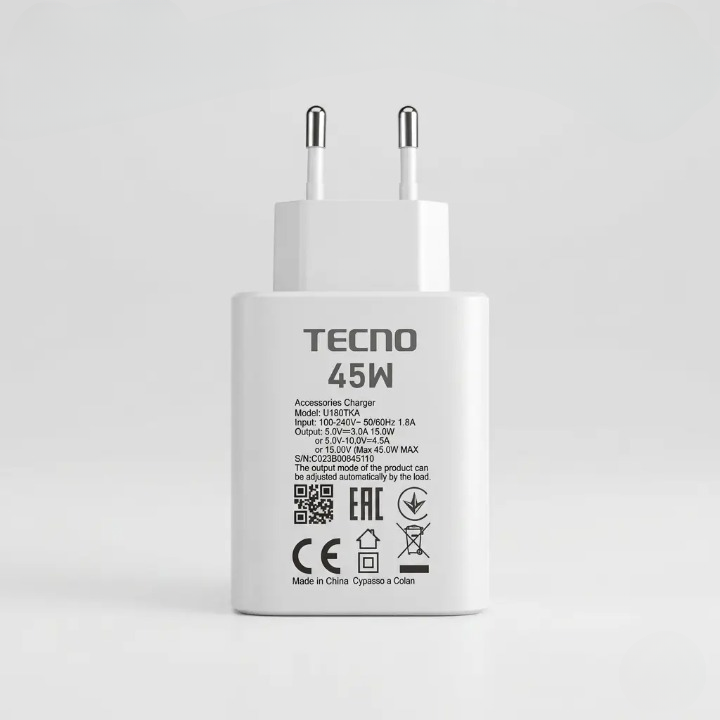 Tecno 45W Original Fast Charging Power Adapter | USB Type-A Wall Charger for Tecno Smartphones | 45W Fast Charger