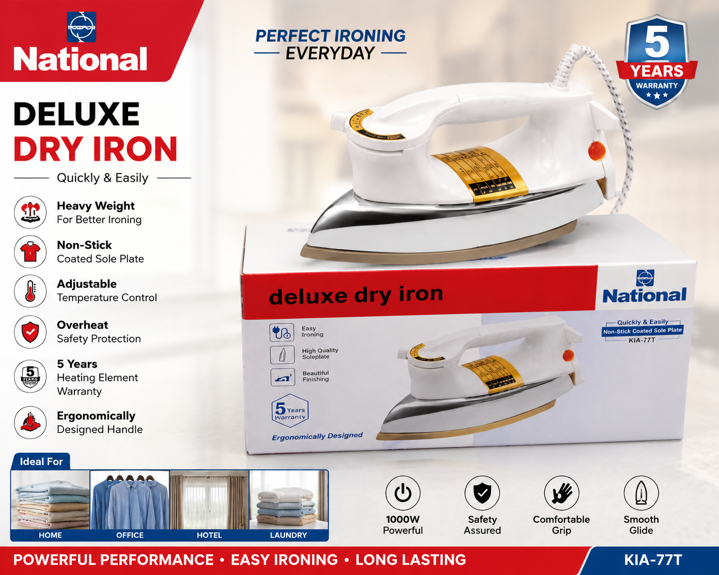 National Deluxe Heavy Weight Dry Iron (KIA-77T) – 1000W Non-Stick Soleplate