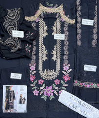 Zarmeen Emaan Artical-939 Fancy Embroidered Shirt Front Back Sleeves Daman Patch Neckline With Premium Viscose Trouser And Pure Bamber Chiffon Dupatta