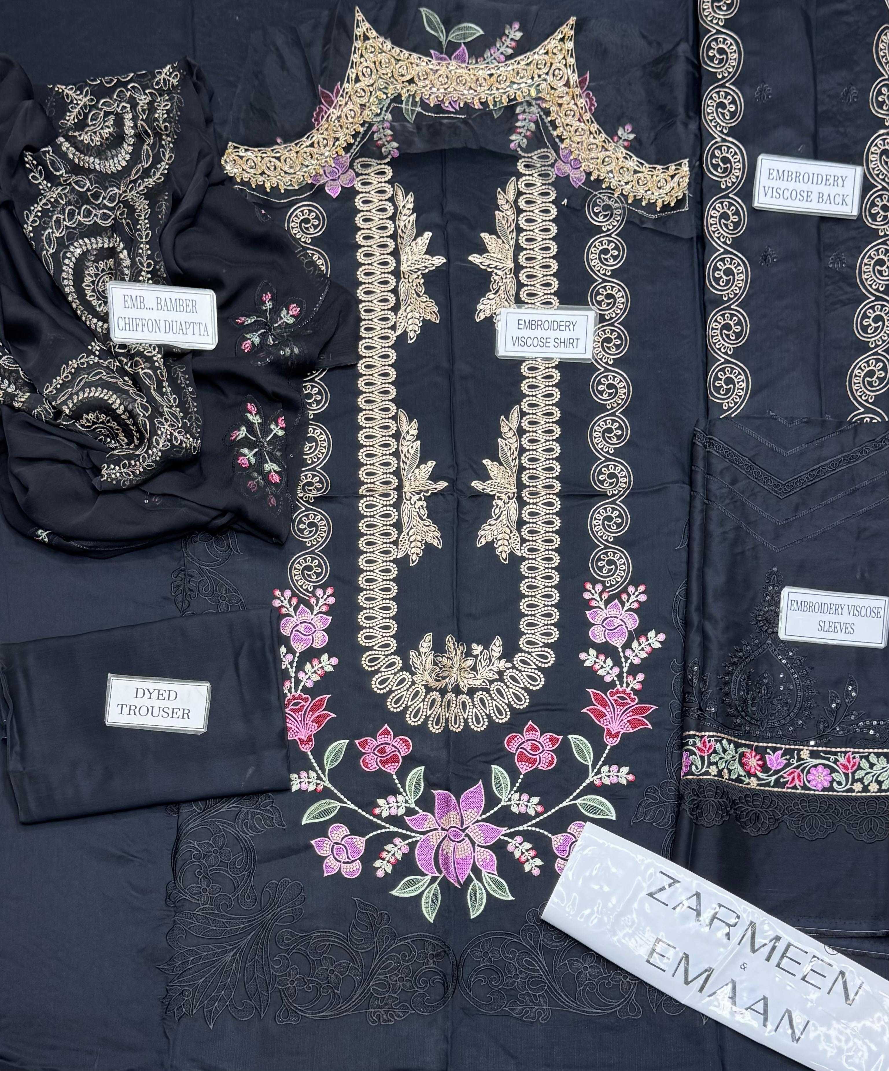 Zarmeen Emaan Artical-939 Fancy Embroidered Shirt Front Back Sleeves Daman Patch Neckline With Premium Viscose Trouser And Pure Bamber Chiffon Dupatta