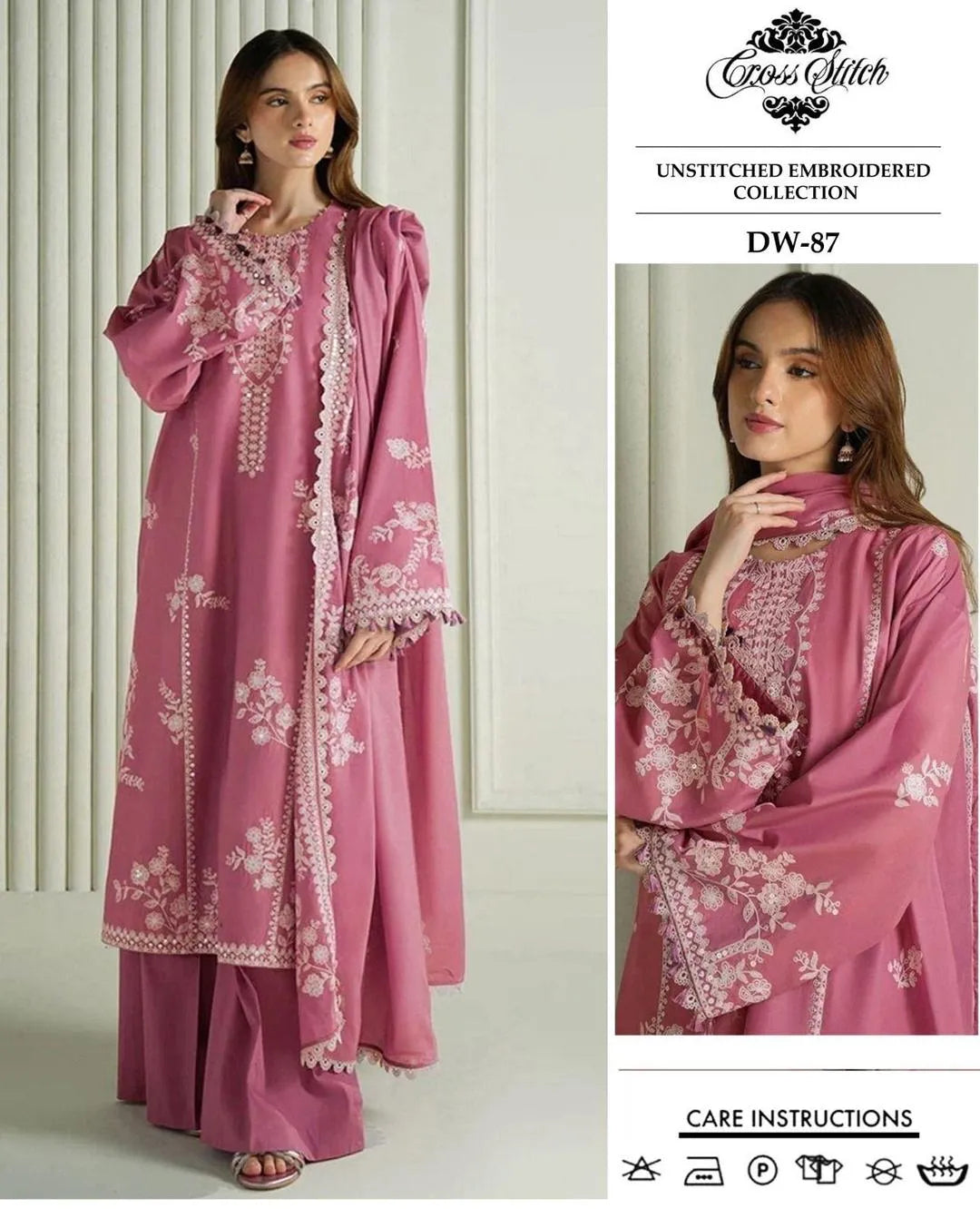 Pink Embroidered Lawn 3Pcs Set with Khaadi Dupatta