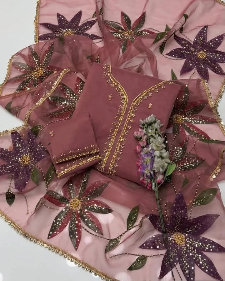 Pink Organza 2-Piece Wedding Suit with Zari Beads Dupatta