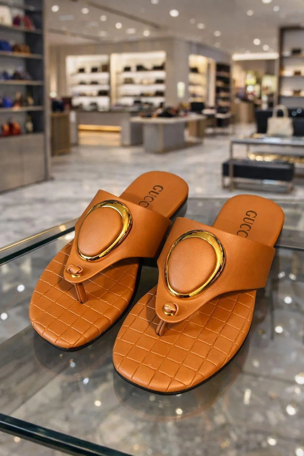 Gucci Gold Strap Slippers Brown Crocodile Texture