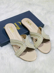 ZARA Pearl Embroidered Flats for Women – Premium Stylish Casual Slip-On Shoes with Brand Box | Sizes 36-42