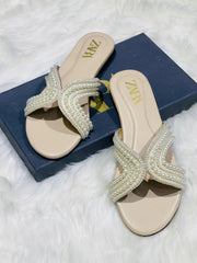 ZARA Pearl Embroidered Flats for Women – Premium Stylish Casual Slip-On Shoes with Brand Box | Sizes 36-42