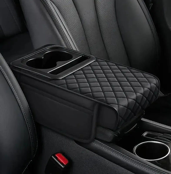 Car Armrest Cushion with Cup Holder PU Leather Black