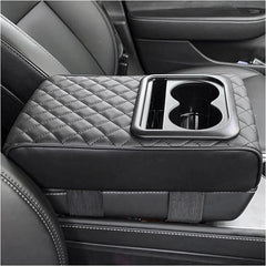 Car Armrest Cushion with Cup Holder PU Leather Black