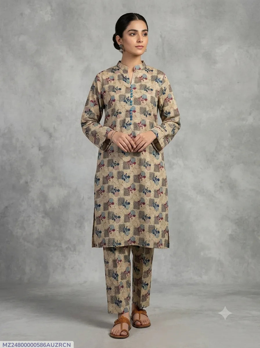 2 Pcs Women's Stitched Cotton Printed Shirt And Trouser
