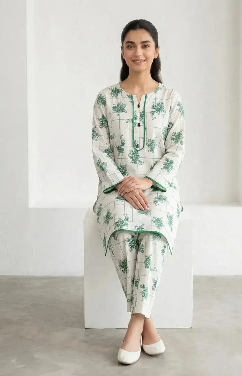2 Pcs Women's Stitched Arabic Lawn Printed Shirt And Trouser