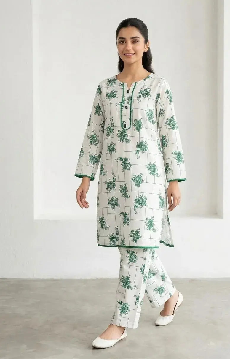 2 Pcs Women's Stitched Arabic Lawn Printed Shirt And Trouser