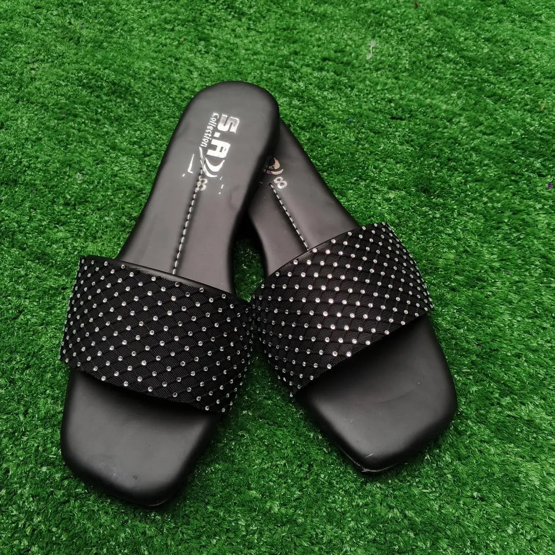 Black Rhinestone Women's Flat Slippers Size 6-10