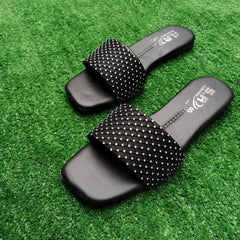 Black Rhinestone Women's Flat Slippers Size 6-10