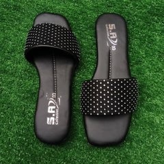 Black Rhinestone Women's Flat Slippers Size 6-10