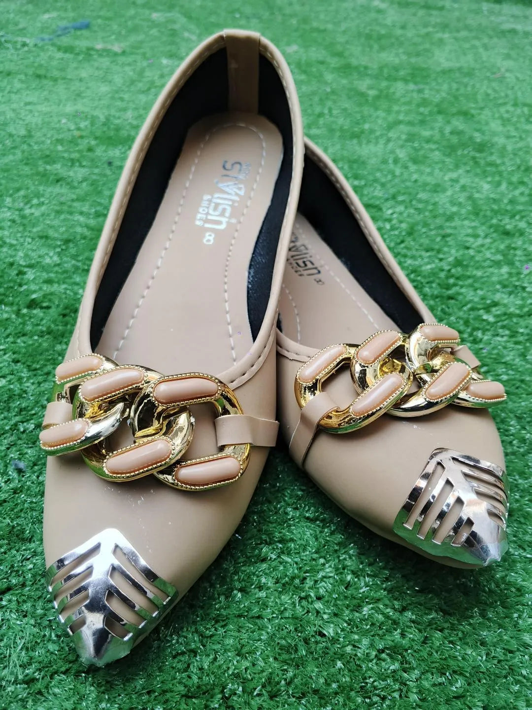 Beige Synthetic Leather Fancy Pumps for Women