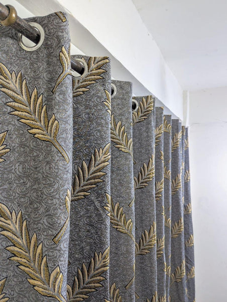Grey Jacquard Curtains with Golden Leaf Pattern for Home Decor