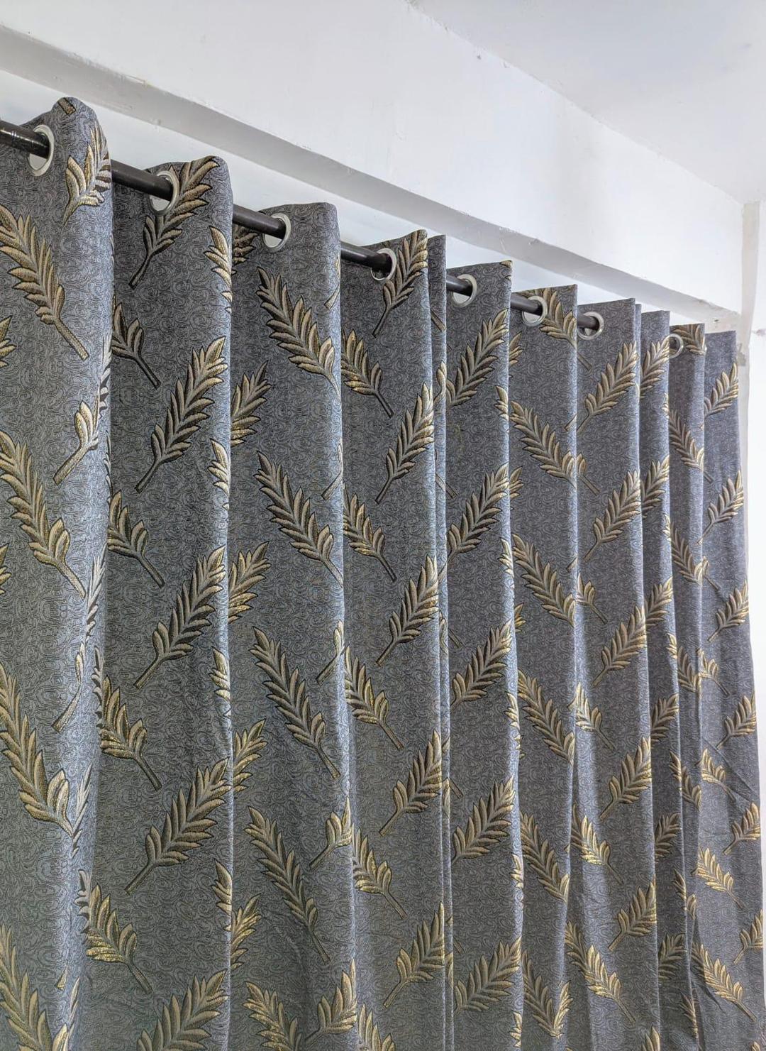 Grey Jacquard Curtains with Golden Leaf Pattern for Home Decor