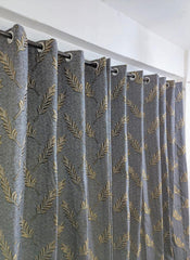 Grey Jacquard Curtains with Golden Leaf Pattern for Home Decor