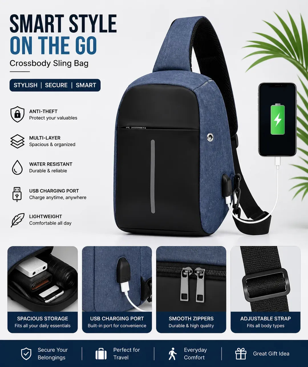Smart Crossbody Bag with USB Charging & Anti-Theft Design