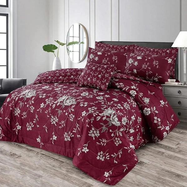 Maroon Floral Quilted Bedding Set for King Size