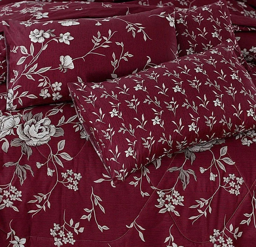 Maroon Floral Quilted Bedding Set for King Size