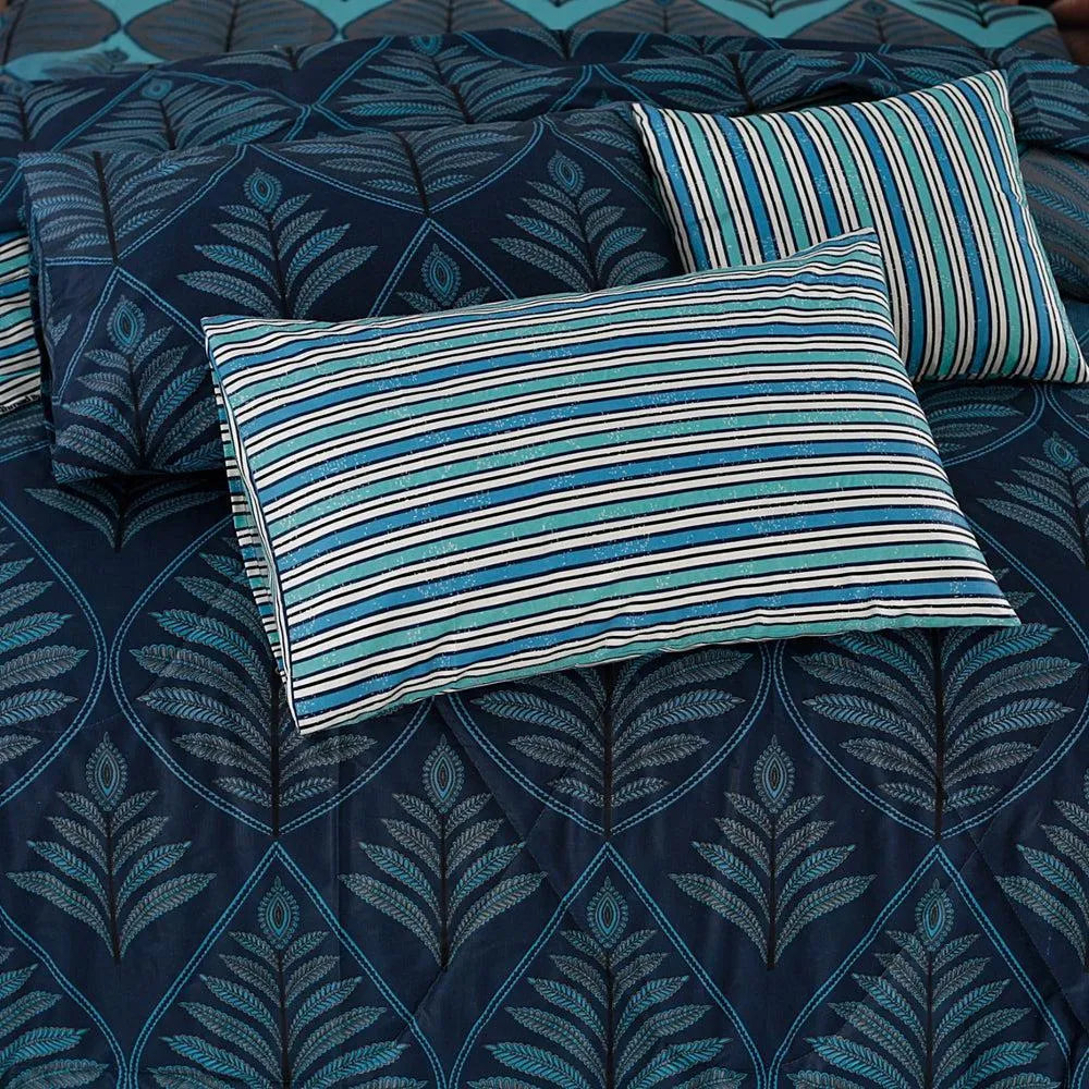 Blue Printed Cotton Comforter Set for Double Bed