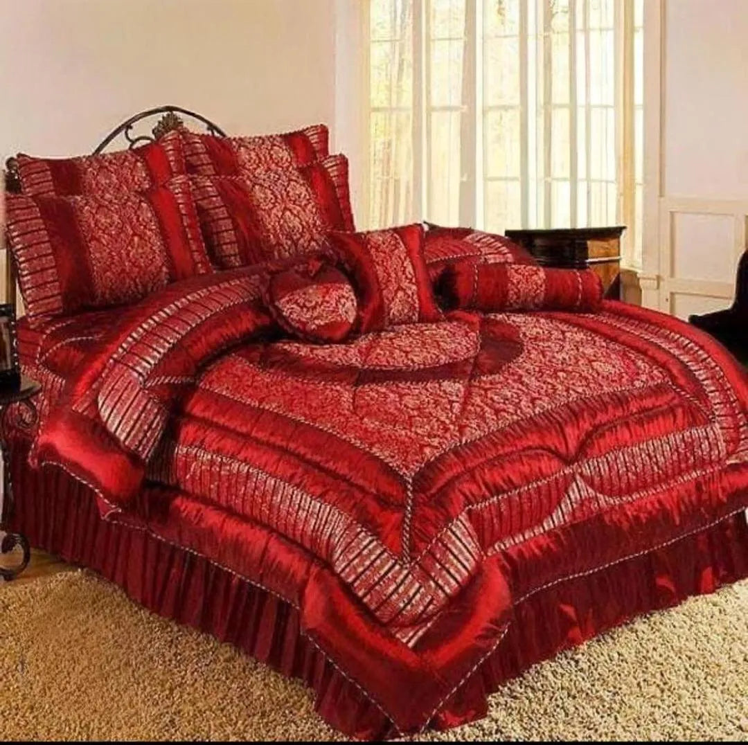Red Silk Jacquard Bridal Bed Set 14 Pcs Double
