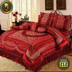 Red Silk Jacquard Bridal Bed Set 14 Pcs Double