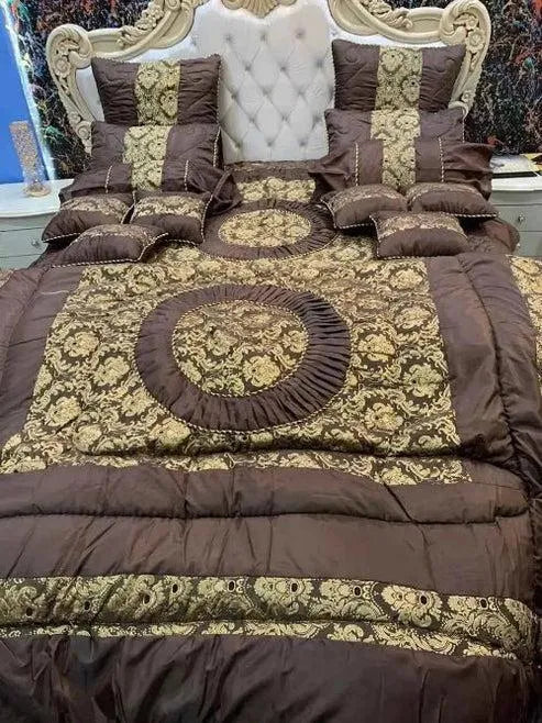 Silk Jacquard Bridal Set 14 Pcs Brown Double Bed
