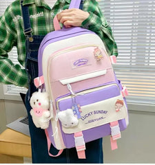 Purple Pink Multicolor Casual Backpack for College Girls