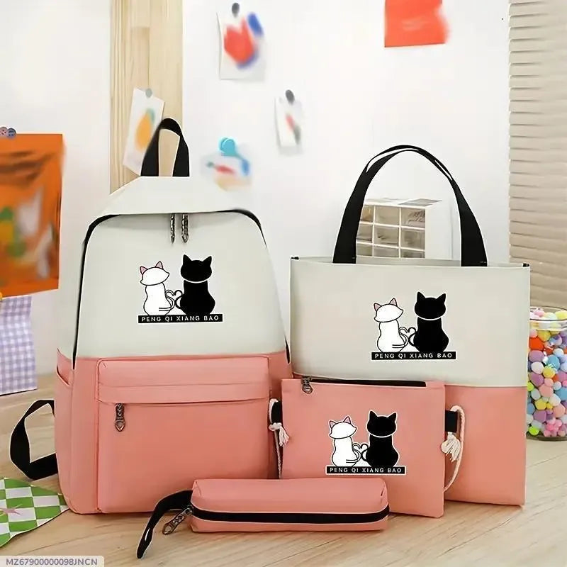 Cat Print 4-Piece Pink Backpack Set for Students Office