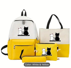 Cat Print 4-Piece Pink Backpack Set for Students Office
